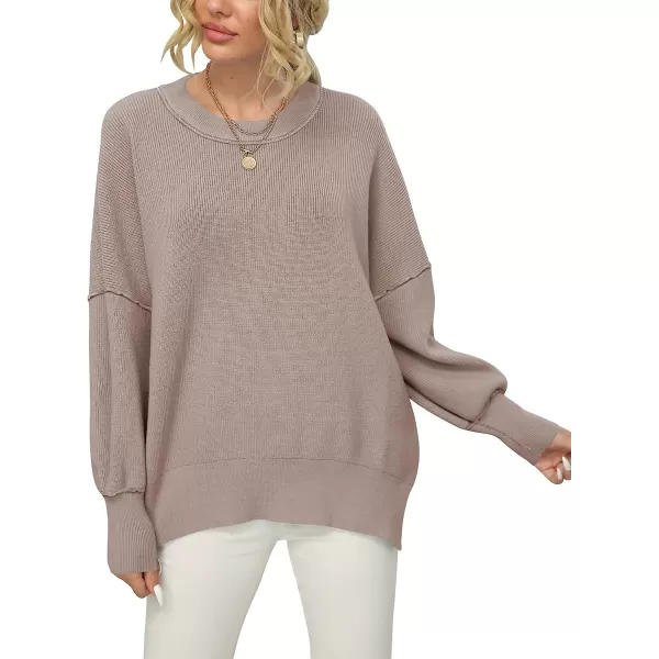 imageANRABESS Women Crewneck Batwing Sleeve Oversized Side Slit Ribbed Knit Pullover Sweater TopPink Apricot