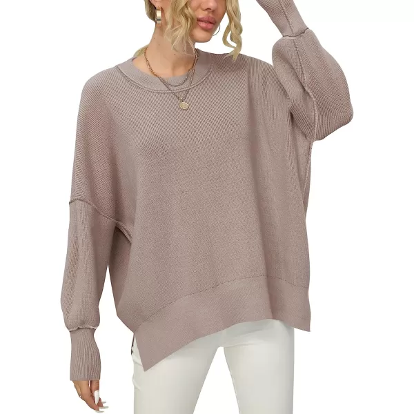 imageANRABESS Women Crewneck Batwing Sleeve Oversized Side Slit Ribbed Knit Pullover Sweater TopPink Apricot