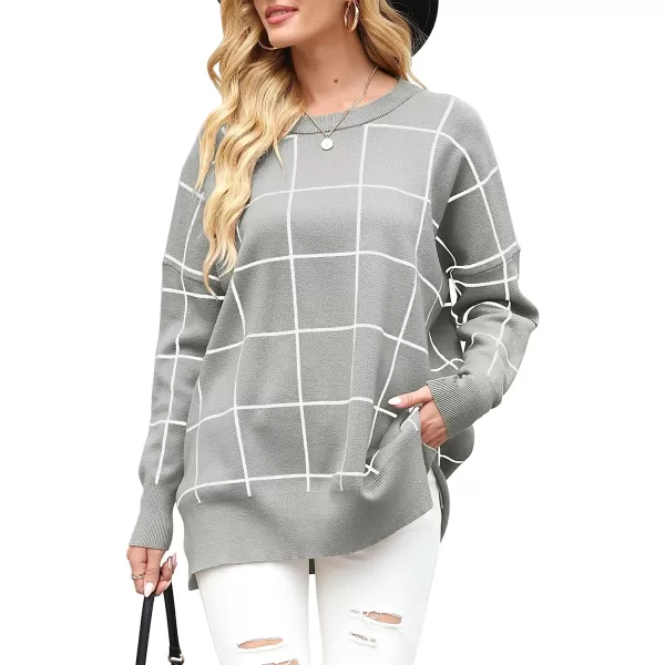 imageANRABESS Women Crewneck Batwing Sleeve Oversized Side Slit Ribbed Knit Pullover Sweater TopPlaid Gray