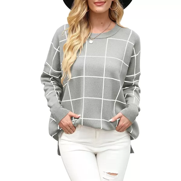imageANRABESS Women Crewneck Batwing Sleeve Oversized Side Slit Ribbed Knit Pullover Sweater TopPlaid Gray