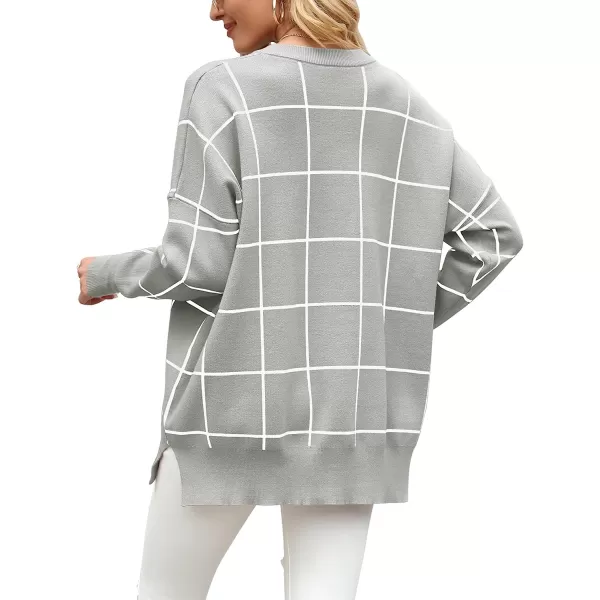 imageANRABESS Women Crewneck Batwing Sleeve Oversized Side Slit Ribbed Knit Pullover Sweater TopPlaid Gray