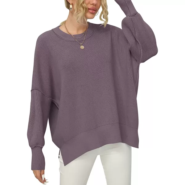 imageANRABESS Women Crewneck Batwing Sleeve Oversized Side Slit Ribbed Knit Pullover Sweater TopPurple