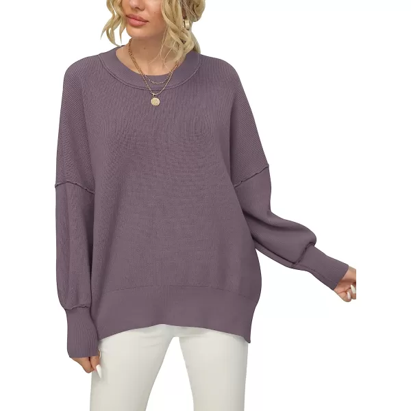 imageANRABESS Women Crewneck Batwing Sleeve Oversized Side Slit Ribbed Knit Pullover Sweater TopPurple