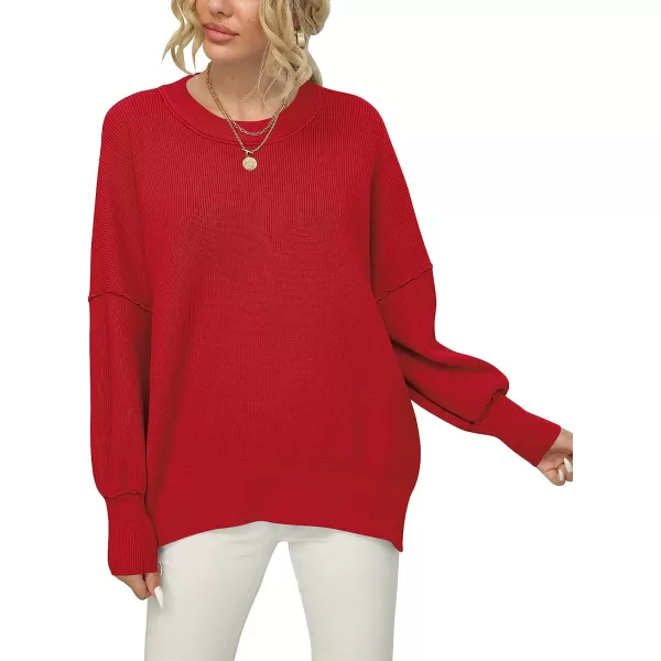 imageANRABESS Women Crewneck Batwing Sleeve Oversized Side Slit Ribbed Knit Pullover Sweater TopRed