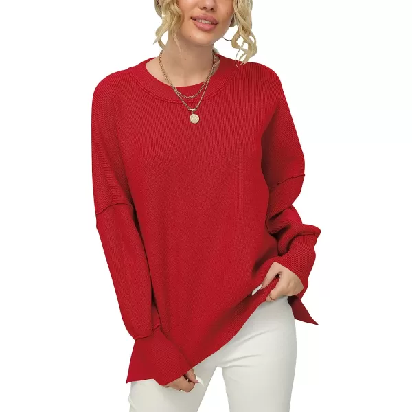 imageANRABESS Women Crewneck Batwing Sleeve Oversized Side Slit Ribbed Knit Pullover Sweater TopRed