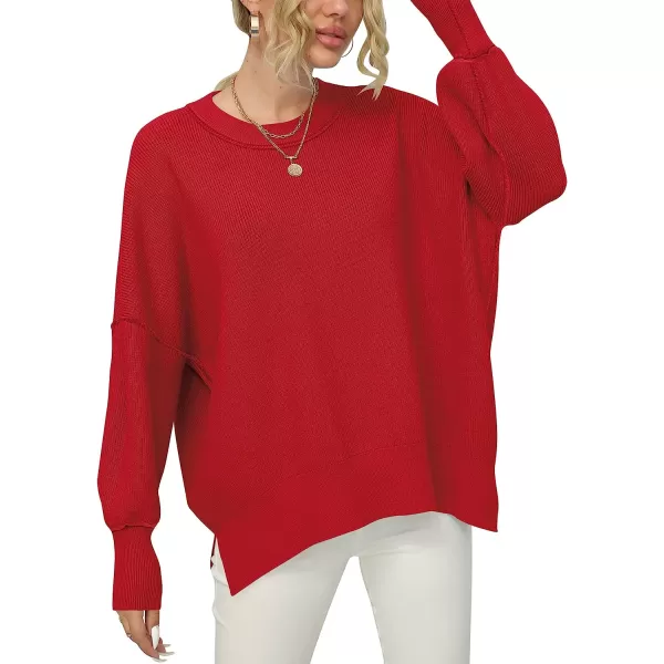 imageANRABESS Women Crewneck Batwing Sleeve Oversized Side Slit Ribbed Knit Pullover Sweater TopRed