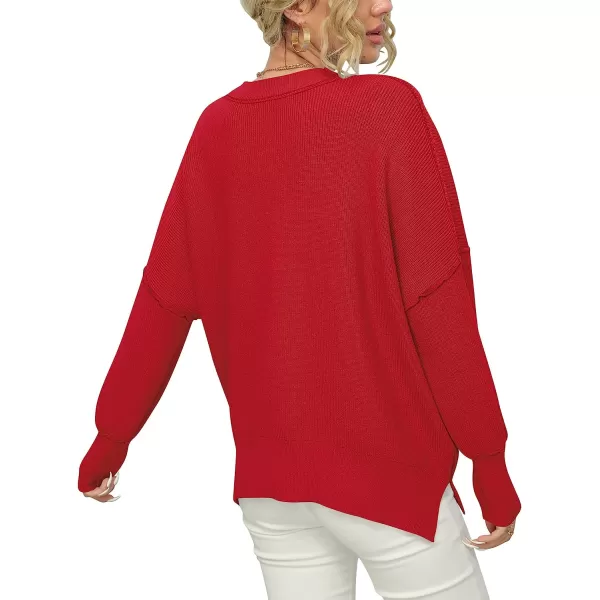 imageANRABESS Women Crewneck Batwing Sleeve Oversized Side Slit Ribbed Knit Pullover Sweater TopRed