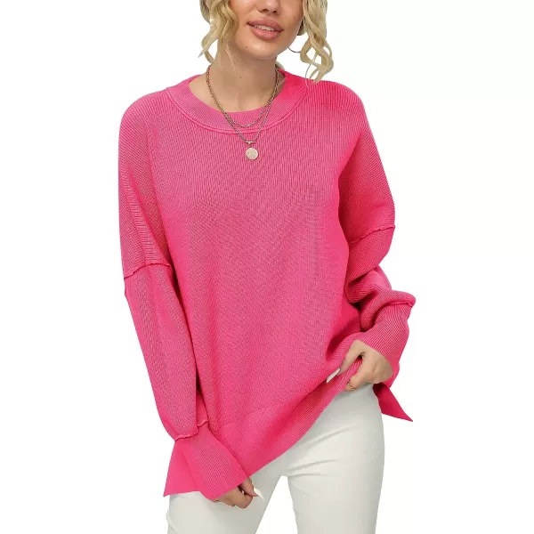 imageANRABESS Women Crewneck Batwing Sleeve Oversized Side Slit Ribbed Knit Pullover Sweater TopRose