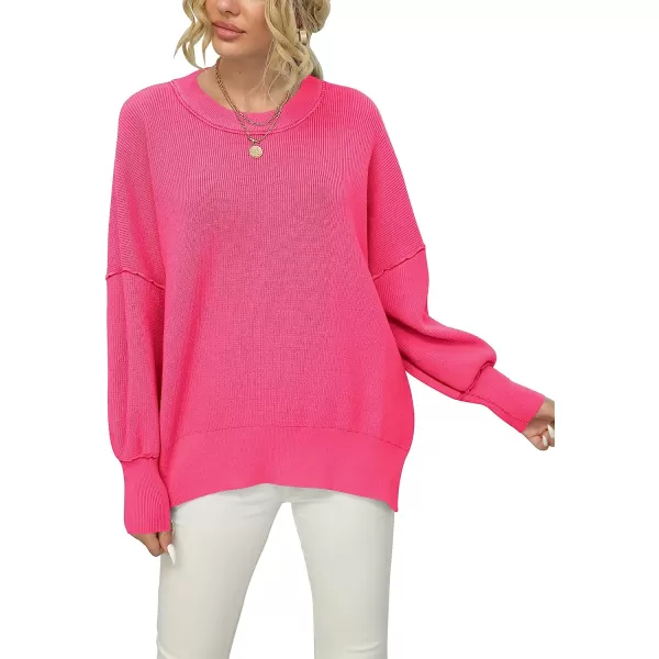 imageANRABESS Women Crewneck Batwing Sleeve Oversized Side Slit Ribbed Knit Pullover Sweater TopRose