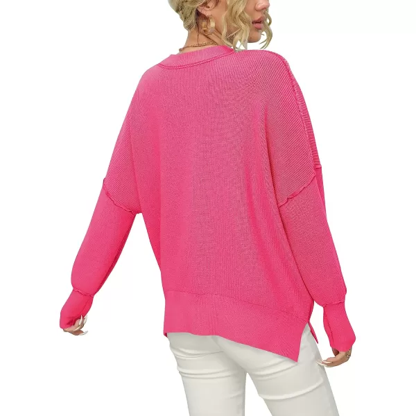 imageANRABESS Women Crewneck Batwing Sleeve Oversized Side Slit Ribbed Knit Pullover Sweater TopRose