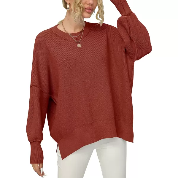 imageANRABESS Women Crewneck Batwing Sleeve Oversized Side Slit Ribbed Knit Pullover Sweater TopRust