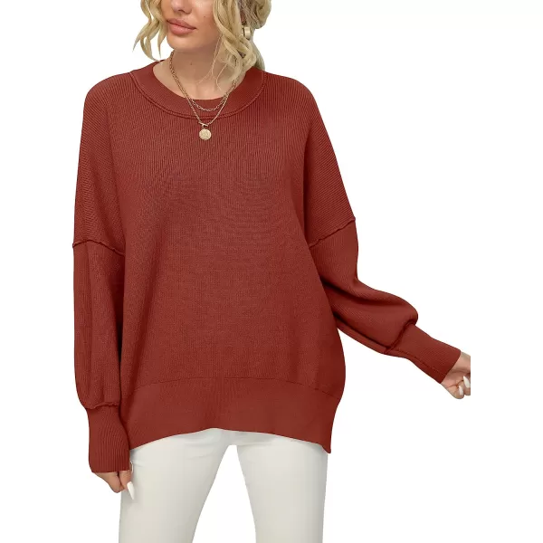 imageANRABESS Women Crewneck Batwing Sleeve Oversized Side Slit Ribbed Knit Pullover Sweater TopRust