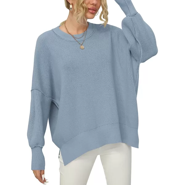 imageANRABESS Women Crewneck Batwing Sleeve Oversized Side Slit Ribbed Knit Pullover Sweater TopSky Blue