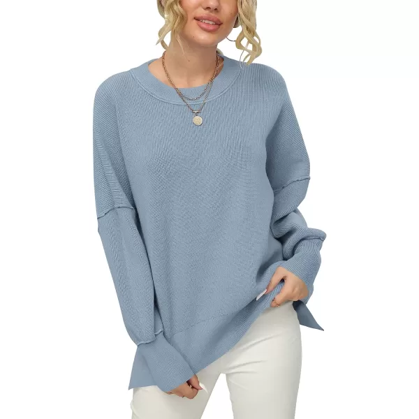imageANRABESS Women Crewneck Batwing Sleeve Oversized Side Slit Ribbed Knit Pullover Sweater TopSky Blue