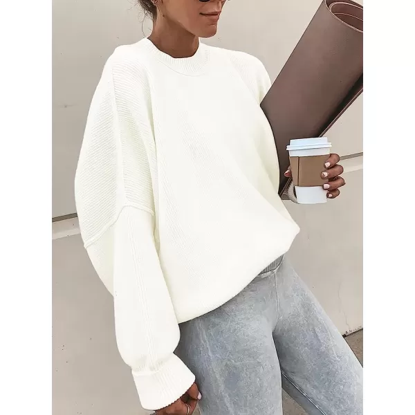imageANRABESS Women Crewneck Batwing Sleeve Oversized Side Slit Ribbed Knit Pullover Sweater TopWhite