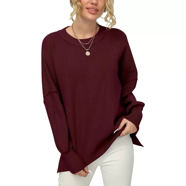 imageANRABESS Women Crewneck Batwing Sleeve Oversized Side Slit Ribbed Knit Pullover Sweater TopWine Red
