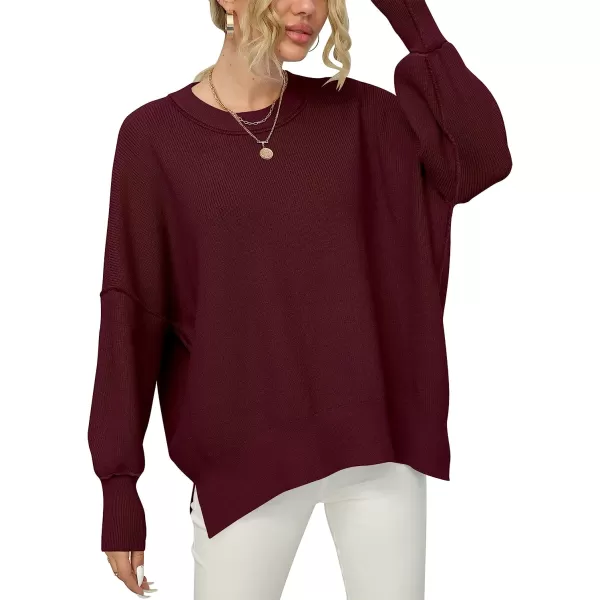 imageANRABESS Women Crewneck Batwing Sleeve Oversized Side Slit Ribbed Knit Pullover Sweater TopWine Red