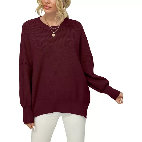 imageANRABESS Women Crewneck Batwing Sleeve Oversized Side Slit Ribbed Knit Pullover Sweater TopWine Red