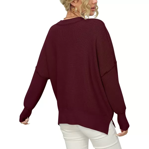 imageANRABESS Women Crewneck Batwing Sleeve Oversized Side Slit Ribbed Knit Pullover Sweater TopWine Red