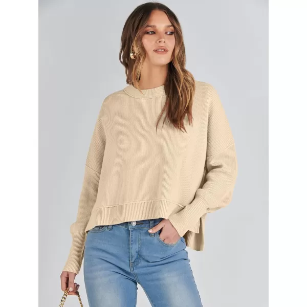 imageANRABESS Women Crewneck Cropped Sweater Batwing Sleeve 2023 Trendy Oversized Side Slit Ribbed Knit Pullover Sweater TopApricot