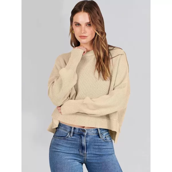 imageANRABESS Women Crewneck Cropped Sweater Batwing Sleeve 2023 Trendy Oversized Side Slit Ribbed Knit Pullover Sweater TopApricot