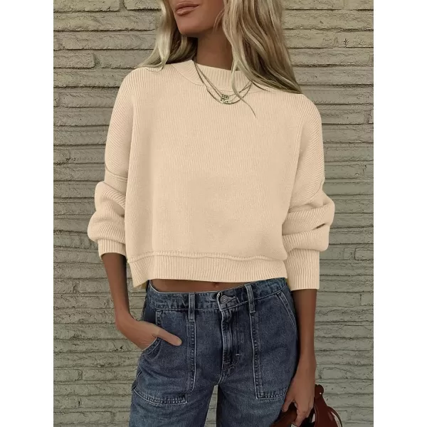 imageANRABESS Women Crewneck Cropped Sweater Batwing Sleeve 2023 Trendy Oversized Side Slit Ribbed Knit Pullover Sweater TopApricot