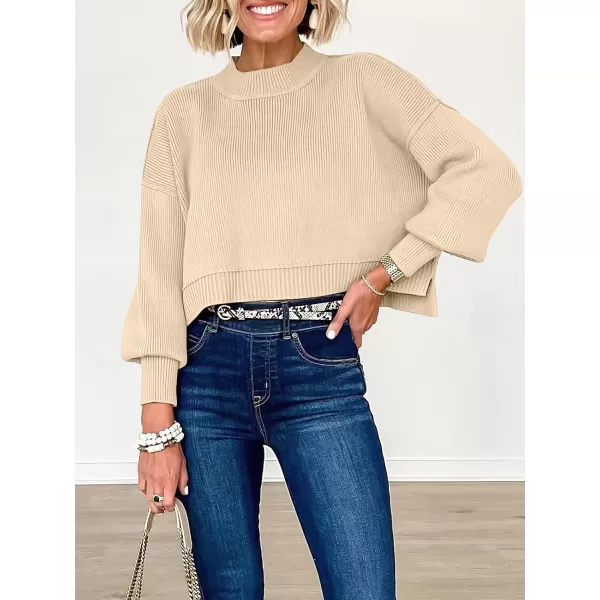 imageANRABESS Women Crewneck Cropped Sweater Batwing Sleeve 2023 Trendy Oversized Side Slit Ribbed Knit Pullover Sweater TopApricot
