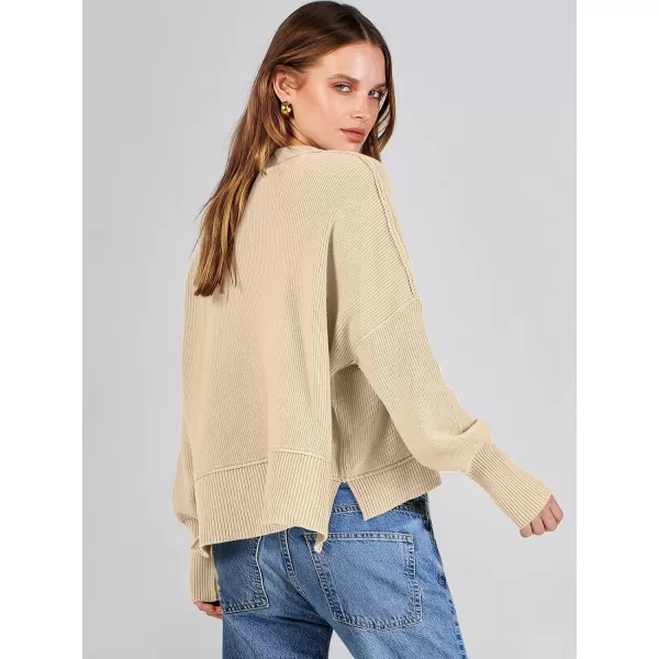 imageANRABESS Women Crewneck Cropped Sweater Batwing Sleeve 2023 Trendy Oversized Side Slit Ribbed Knit Pullover Sweater TopApricot