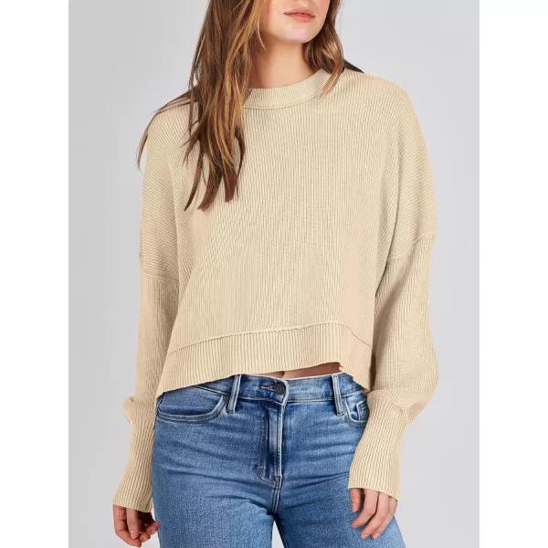 imageANRABESS Women Crewneck Cropped Sweater Batwing Sleeve 2023 Trendy Oversized Side Slit Ribbed Knit Pullover Sweater TopApricot