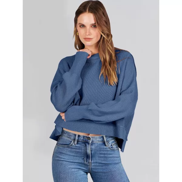 imageANRABESS Women Crewneck Cropped Sweater Batwing Sleeve 2023 Trendy Oversized Side Slit Ribbed Knit Pullover Sweater TopBlue