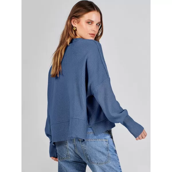 imageANRABESS Women Crewneck Cropped Sweater Batwing Sleeve 2023 Trendy Oversized Side Slit Ribbed Knit Pullover Sweater TopBlue