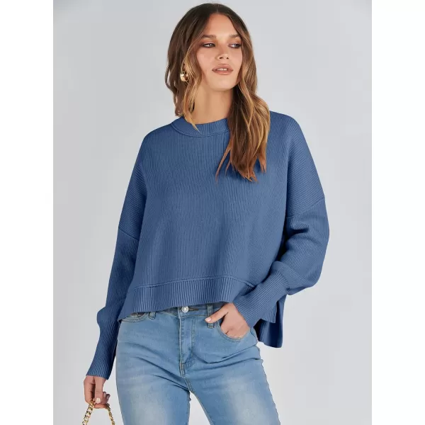 imageANRABESS Women Crewneck Cropped Sweater Batwing Sleeve 2023 Trendy Oversized Side Slit Ribbed Knit Pullover Sweater TopBlue