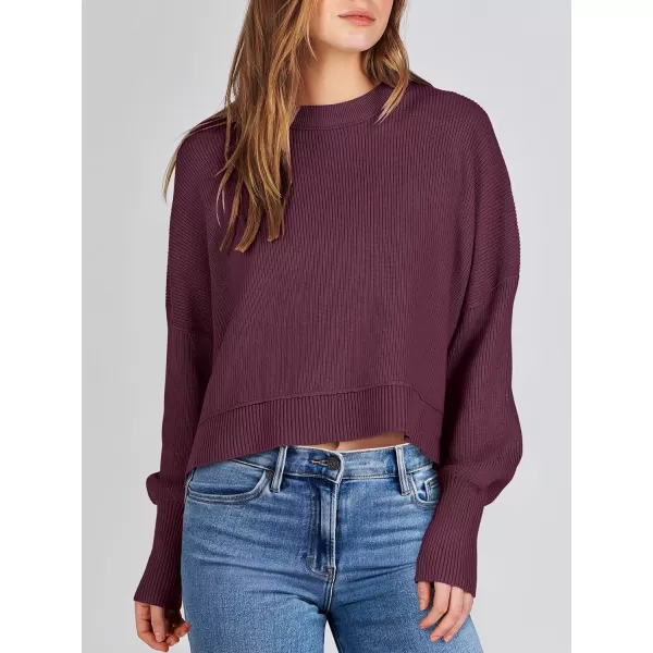 imageANRABESS Women Crewneck Cropped Sweater Batwing Sleeve 2023 Trendy Oversized Side Slit Ribbed Knit Pullover Sweater TopBurgundy