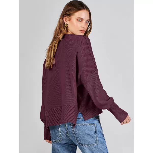 imageANRABESS Women Crewneck Cropped Sweater Batwing Sleeve 2023 Trendy Oversized Side Slit Ribbed Knit Pullover Sweater TopBurgundy