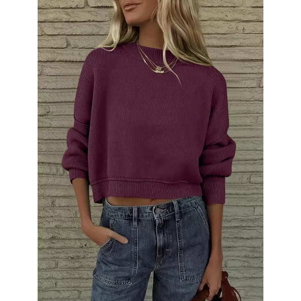 imageANRABESS Women Crewneck Cropped Sweater Batwing Sleeve 2023 Trendy Oversized Side Slit Ribbed Knit Pullover Sweater TopBurgundy