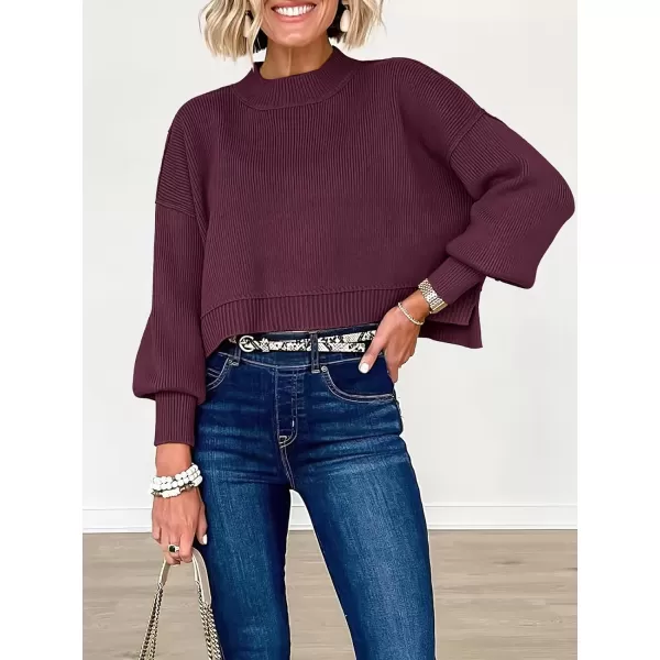 imageANRABESS Women Crewneck Cropped Sweater Batwing Sleeve 2023 Trendy Oversized Side Slit Ribbed Knit Pullover Sweater TopBurgundy