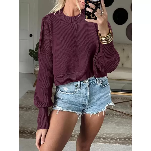 imageANRABESS Women Crewneck Cropped Sweater Batwing Sleeve 2023 Trendy Oversized Side Slit Ribbed Knit Pullover Sweater TopBurgundy