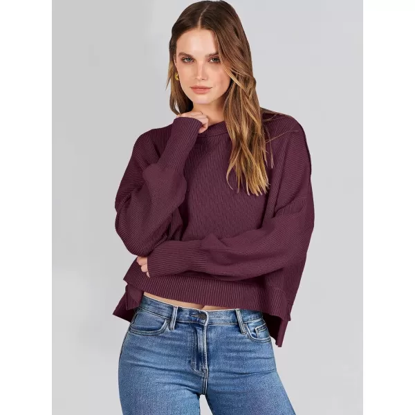 imageANRABESS Women Crewneck Cropped Sweater Batwing Sleeve 2023 Trendy Oversized Side Slit Ribbed Knit Pullover Sweater TopBurgundy