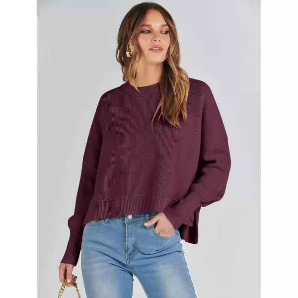 imageANRABESS Women Crewneck Cropped Sweater Batwing Sleeve 2023 Trendy Oversized Side Slit Ribbed Knit Pullover Sweater TopBurgundy