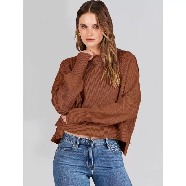 imageANRABESS Women Crewneck Cropped Sweater Batwing Sleeve 2023 Trendy Oversized Side Slit Ribbed Knit Pullover Sweater TopCaramel