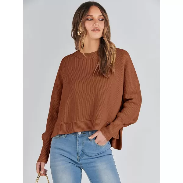 imageANRABESS Women Crewneck Cropped Sweater Batwing Sleeve 2023 Trendy Oversized Side Slit Ribbed Knit Pullover Sweater TopCaramel