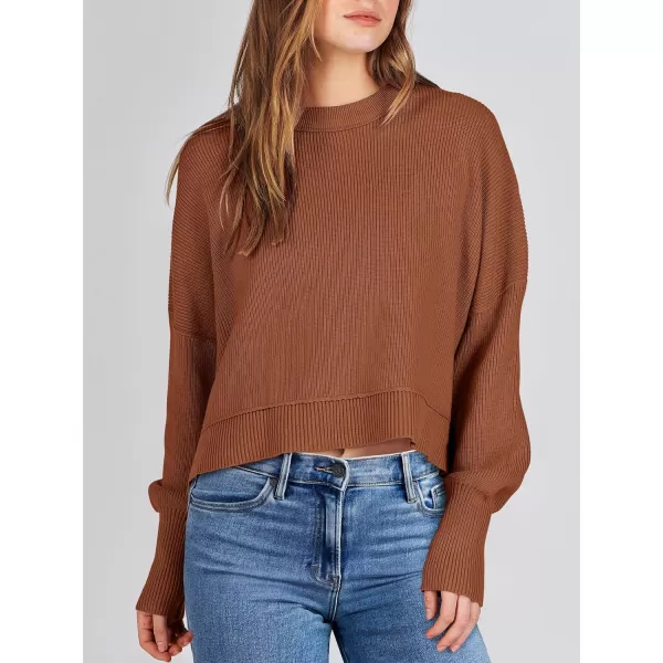 imageANRABESS Women Crewneck Cropped Sweater Batwing Sleeve 2023 Trendy Oversized Side Slit Ribbed Knit Pullover Sweater TopCaramel