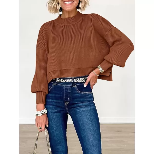 imageANRABESS Women Crewneck Cropped Sweater Batwing Sleeve 2023 Trendy Oversized Side Slit Ribbed Knit Pullover Sweater TopCaramel