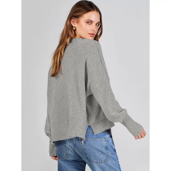 imageANRABESS Women Crewneck Cropped Sweater Batwing Sleeve 2023 Trendy Oversized Side Slit Ribbed Knit Pullover Sweater TopGrey