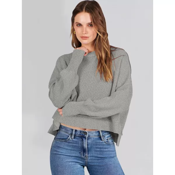 imageANRABESS Women Crewneck Cropped Sweater Batwing Sleeve 2023 Trendy Oversized Side Slit Ribbed Knit Pullover Sweater TopGrey