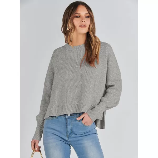 imageANRABESS Women Crewneck Cropped Sweater Batwing Sleeve 2023 Trendy Oversized Side Slit Ribbed Knit Pullover Sweater TopGrey