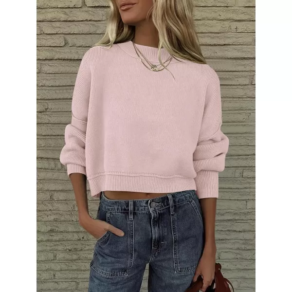 imageANRABESS Women Crewneck Cropped Sweater Batwing Sleeve 2023 Trendy Oversized Side Slit Ribbed Knit Pullover Sweater TopPink