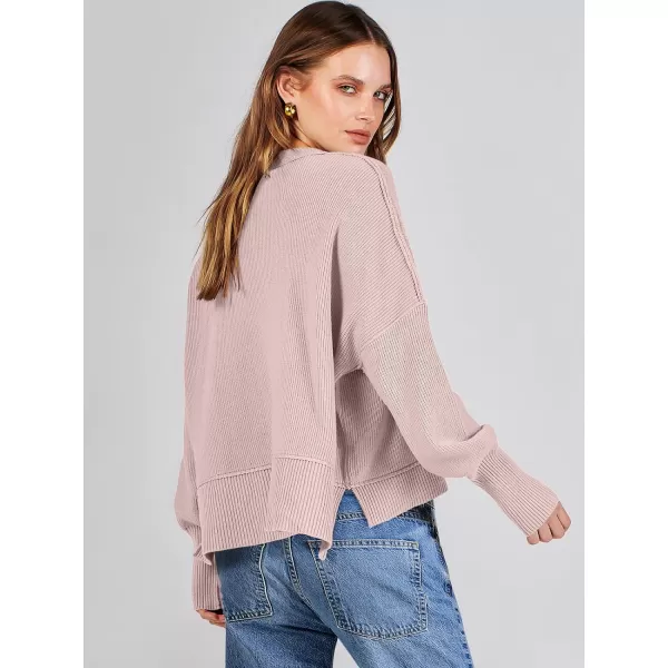 imageANRABESS Women Crewneck Cropped Sweater Batwing Sleeve 2023 Trendy Oversized Side Slit Ribbed Knit Pullover Sweater TopPink