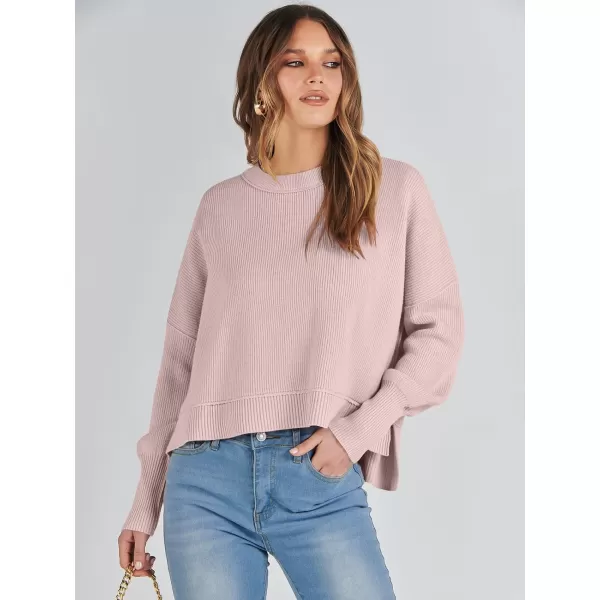 imageANRABESS Women Crewneck Cropped Sweater Batwing Sleeve 2023 Trendy Oversized Side Slit Ribbed Knit Pullover Sweater TopPink