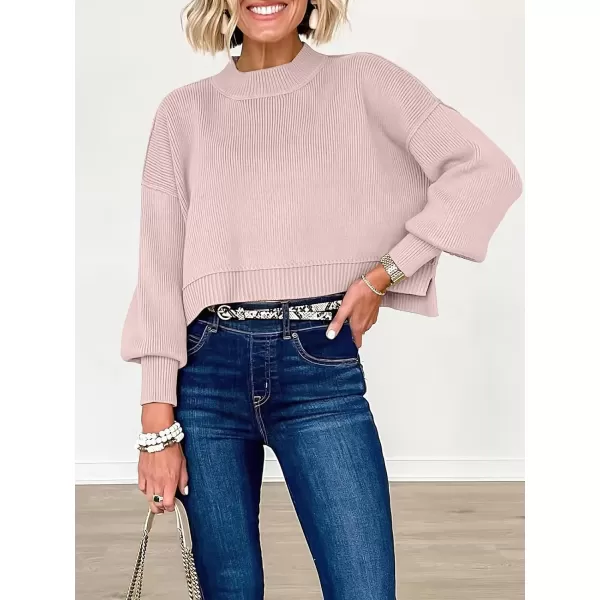 imageANRABESS Women Crewneck Cropped Sweater Batwing Sleeve 2023 Trendy Oversized Side Slit Ribbed Knit Pullover Sweater TopPink